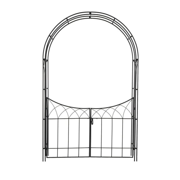 DecMode 86" Indoor Outdoor Arched Gate Black Metal Garden Arbor with Lattice Work Sides
