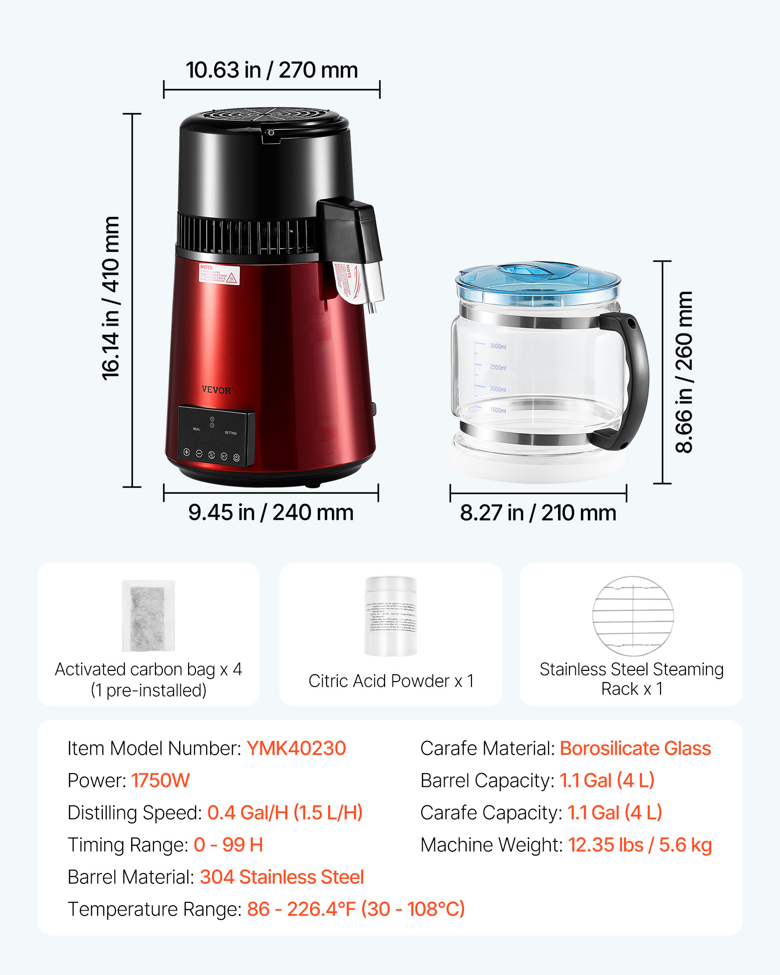 VEVOR Water Distiller, 4L 1.1 Gallon Pure Water Purifier Filter For Home Table Countertop, 1750W Distilled Maker with Glass Pot, Stainless Steel Interior Drinking Machine to Make Clean Waters, Red
