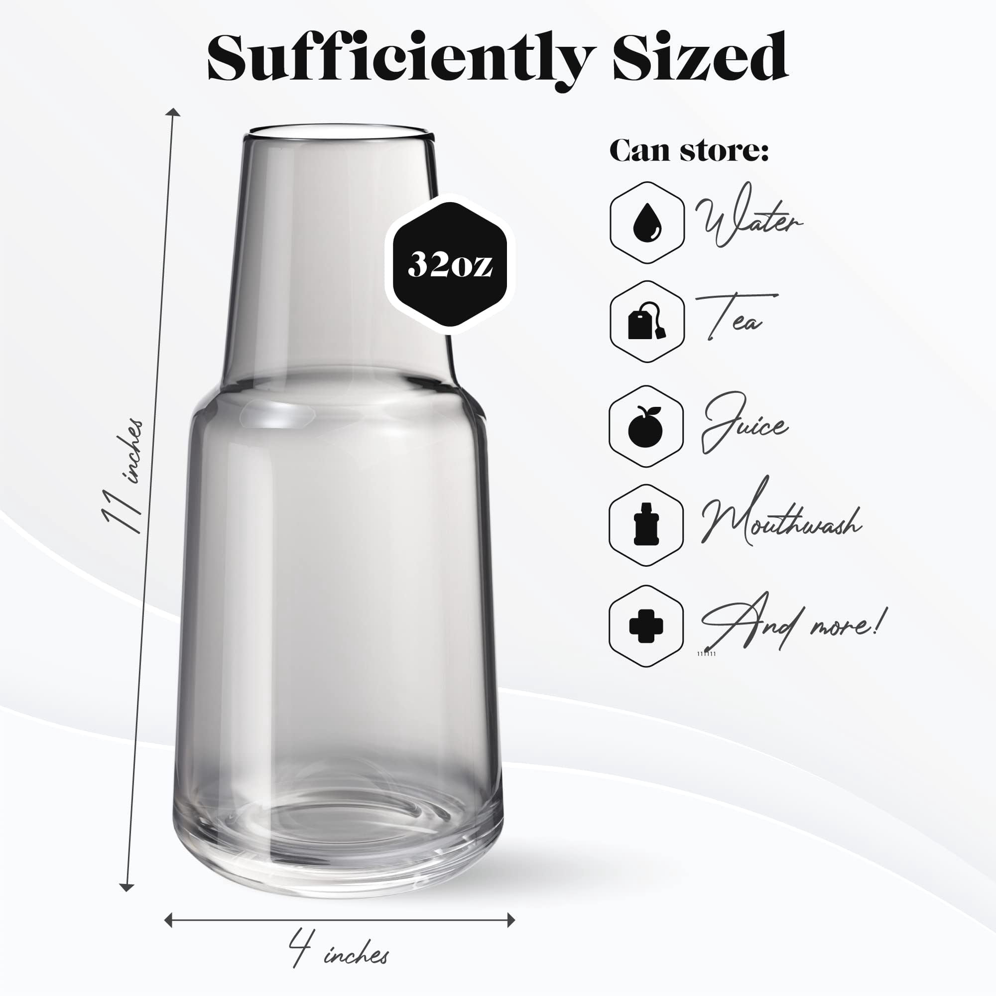 American Atelier Bedside Water Carafe with Tumbler Pitcher and Footed Drinking Glass Use Cup as a Lid for Carafe, For Guest Room, Nightstand, Office, or Gift, Gray (32 Oz)