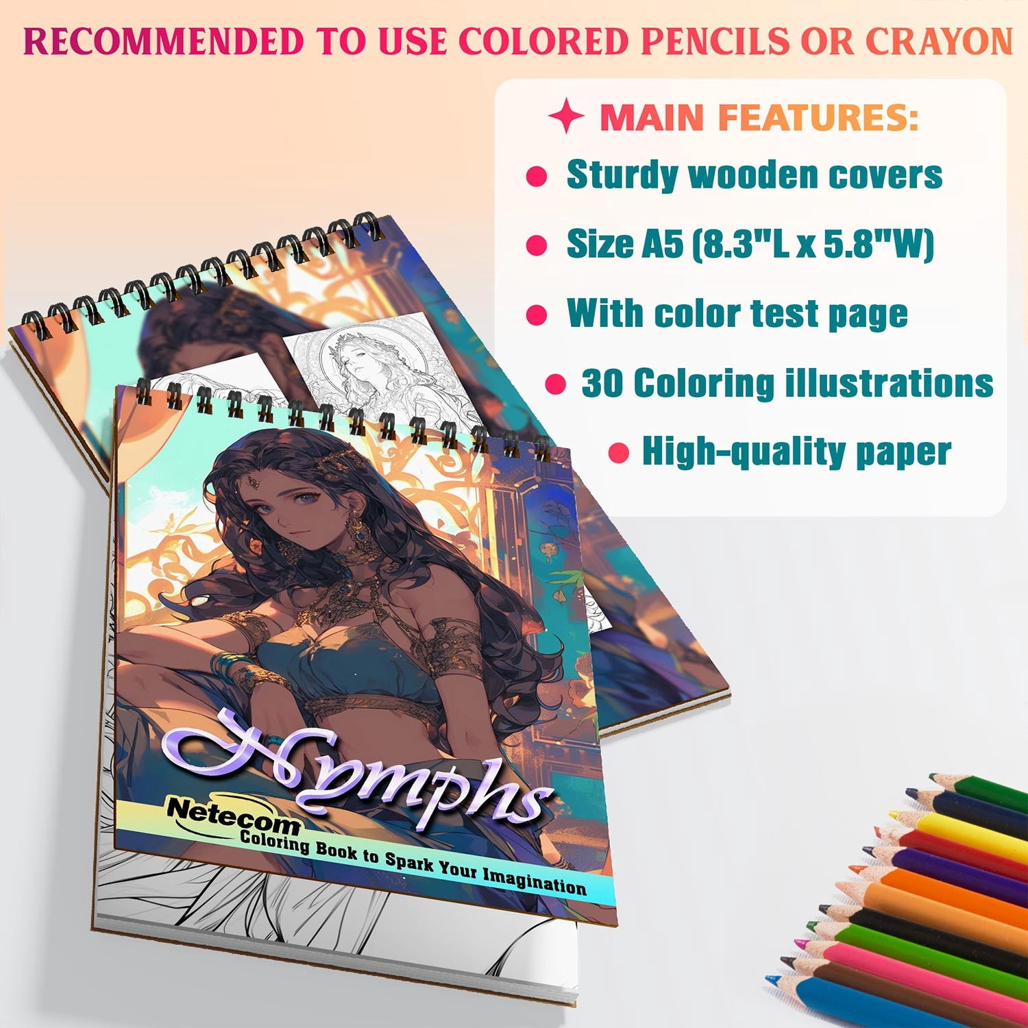 Netecom Nymph Coloring Book Spiral Bound for Adults, A5 Wooden Cover, 30 Enchanting Coloring Pages of Mythical Beauties for Stress Relief and Relaxation