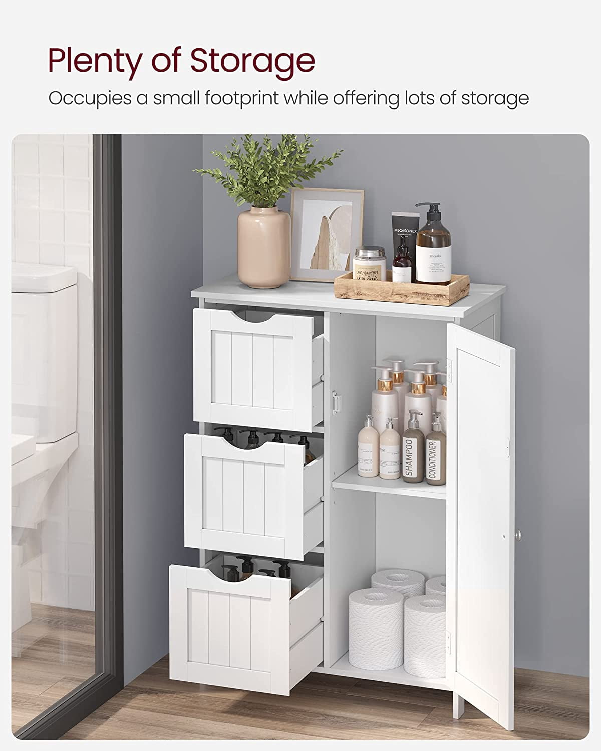 Floor Storage Cabinet, Freestanding Storage Unit with 3 Drawers, 1 Adjustable Shelf, White