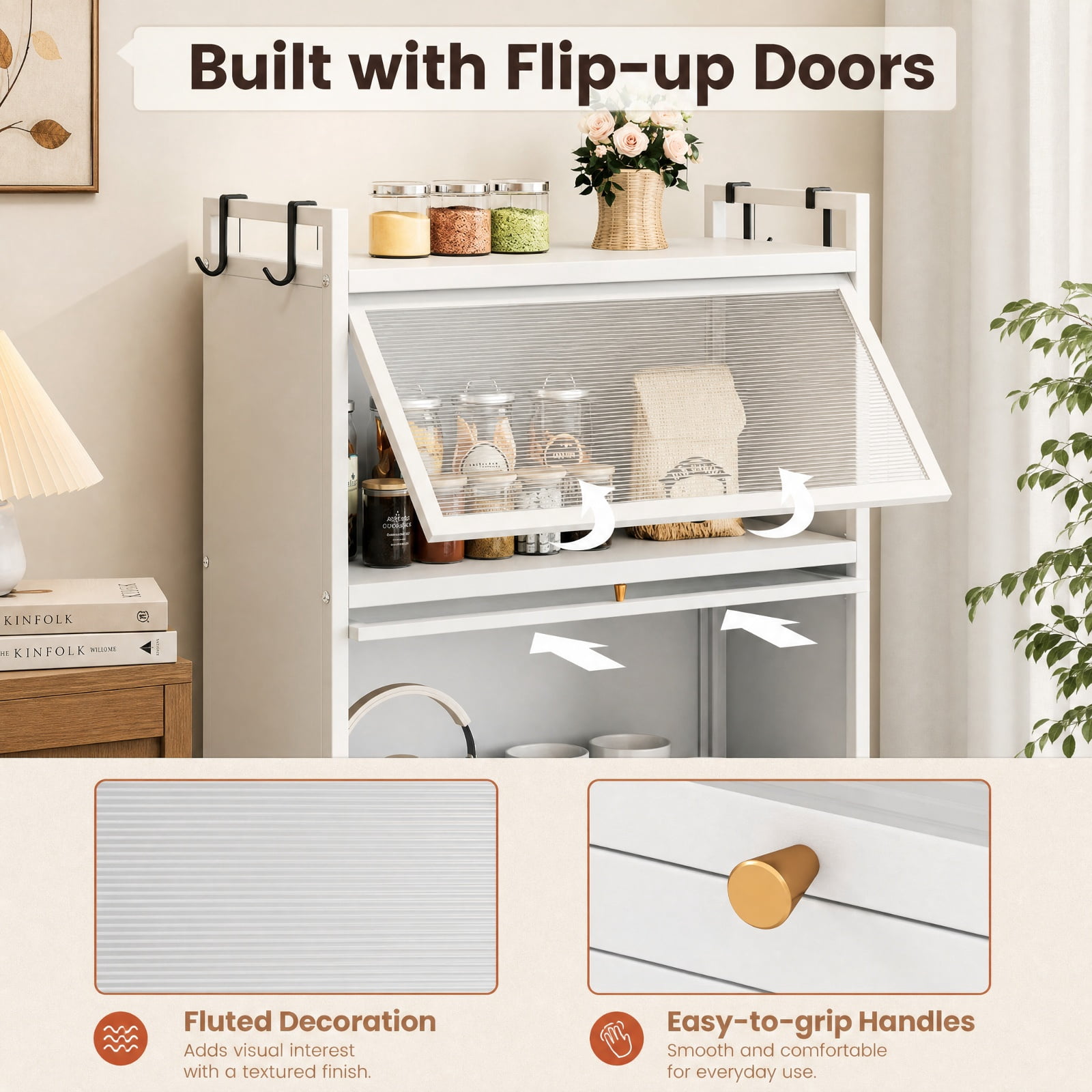 Furnibear 5 Tier Kitchen Storage Cabinet with 4 Flip Up Doors Rolling Wheels and Hooks Tall Metal Pantry for Kitchen and Garage, White
