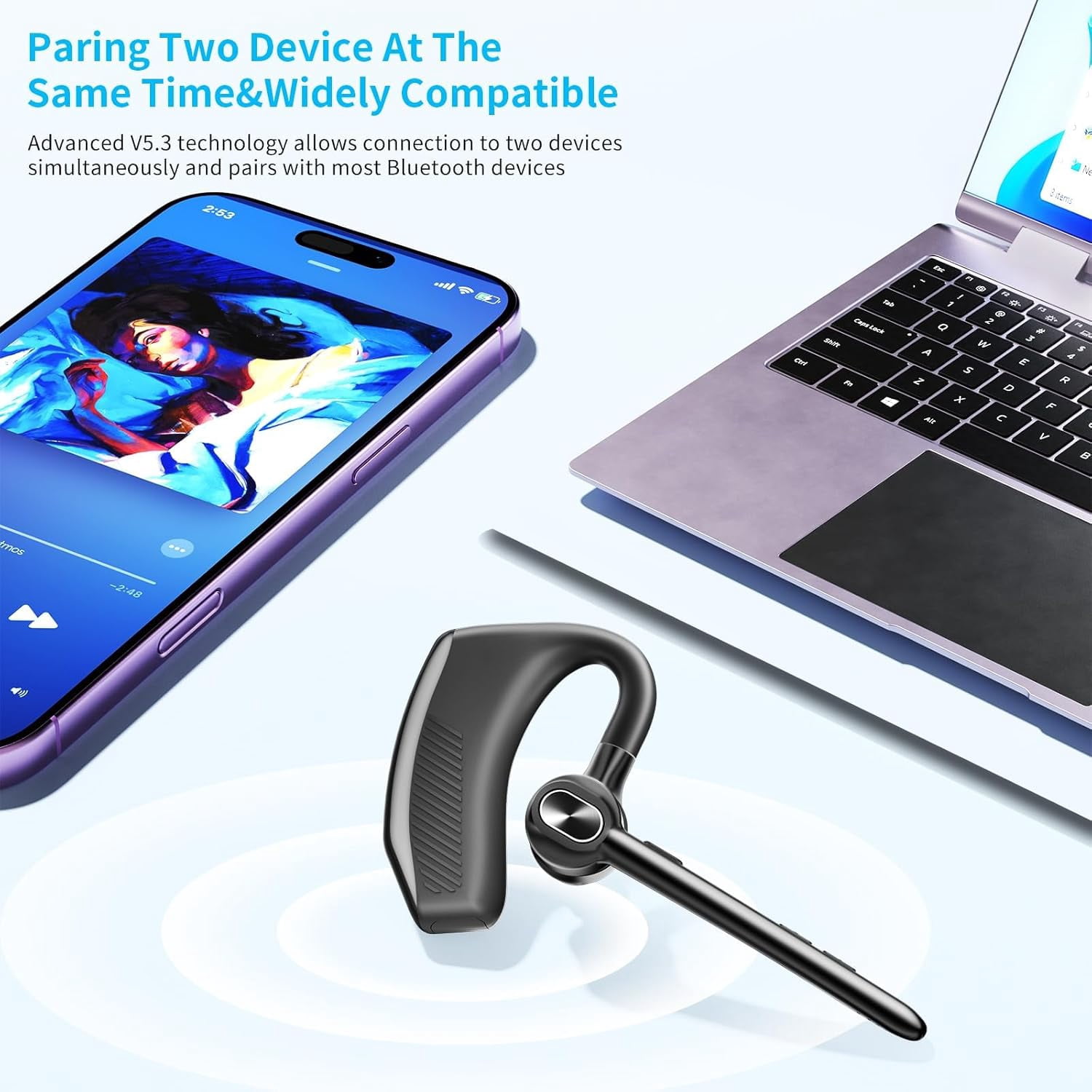 Bluetooth Single Ear Headset, 180H Playtime, 1000mAh Wireless Charging Case, LED Display, Handsfree Mic for Phone PC, Trucker & Daily Use