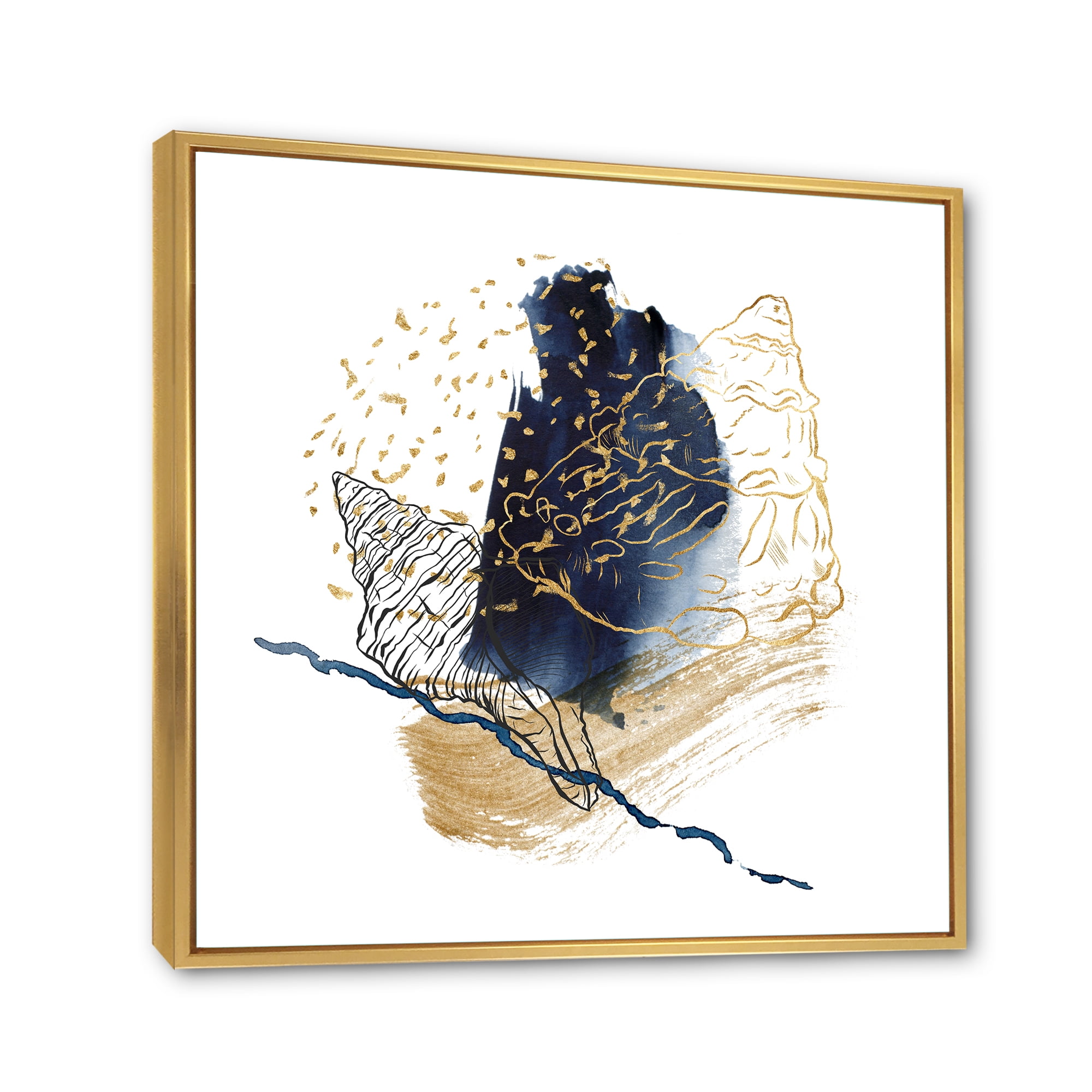 Designart 'Underwater Marine Life With Gold Shell Line Art' Farmhouse Framed Canvas Wall Art Print