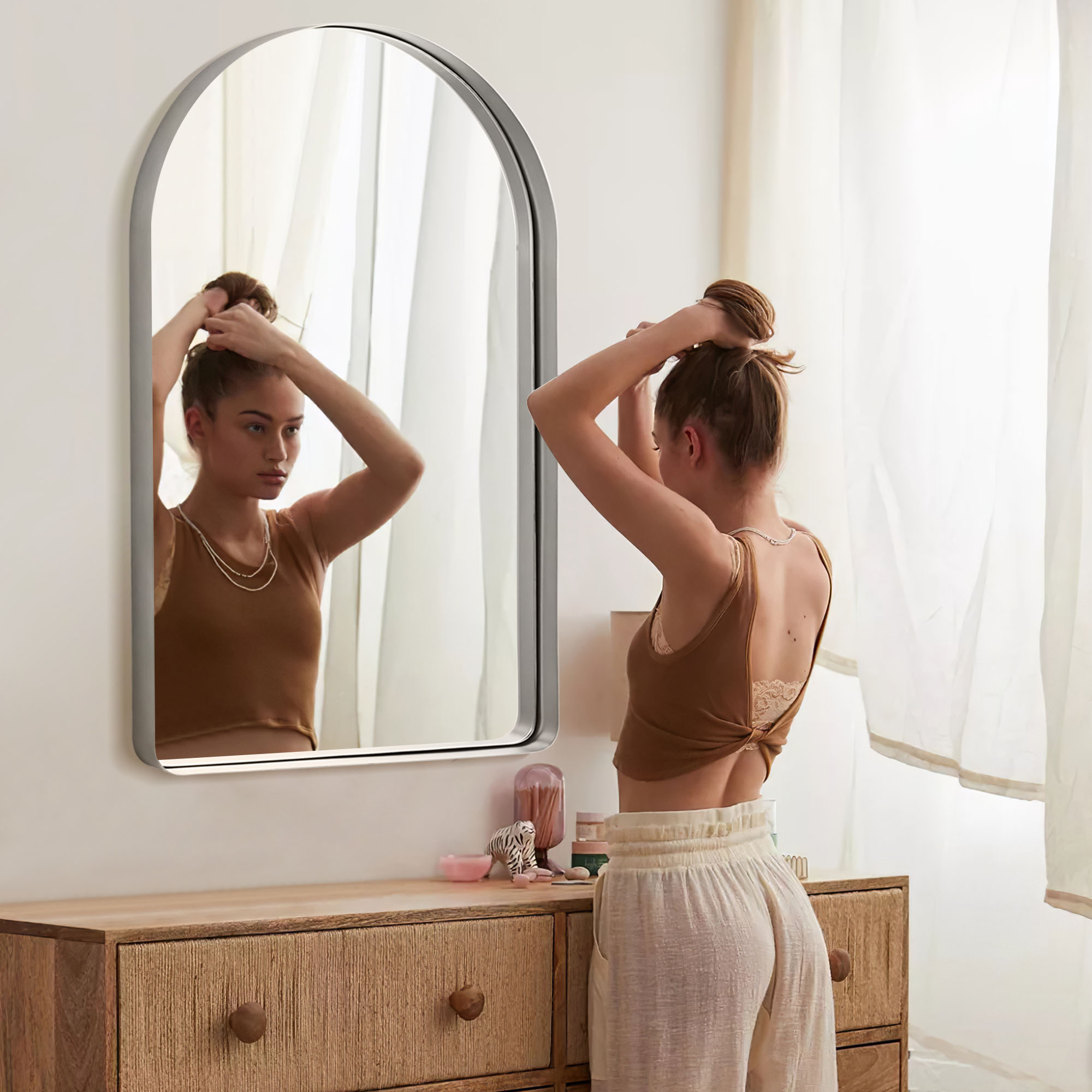 40"x29" Aluminum Alloy Wall Mount Rounded Corner Arched Mirror,Silver
