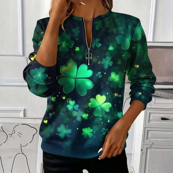 St. Patrick's Day Sweatshirt for Women Plaid Pattern Shamrock Graphic Quarter Zip Pullover Long Sleeve Classic Fit Festive Party Top