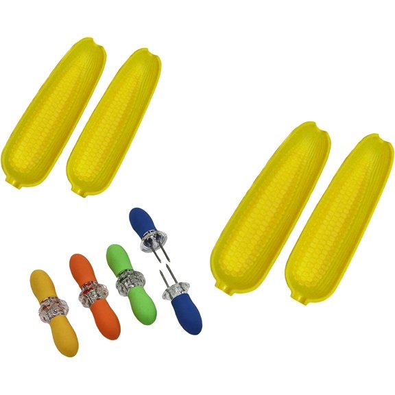 12 Piece Corn Cob Holders and Dish Set - Set of 4 Corn on the Cob Dishes and 8pc. Jumbo Soft grip Corn on the Cob Holders/Skewers