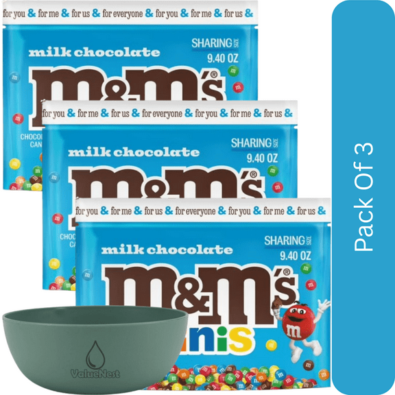M&M's Minis Milk Chocolate Summer Candy, Sharing Size - 9.4 oz Resealable Bag-3pk, With Olive Green Bowl By ValueNest