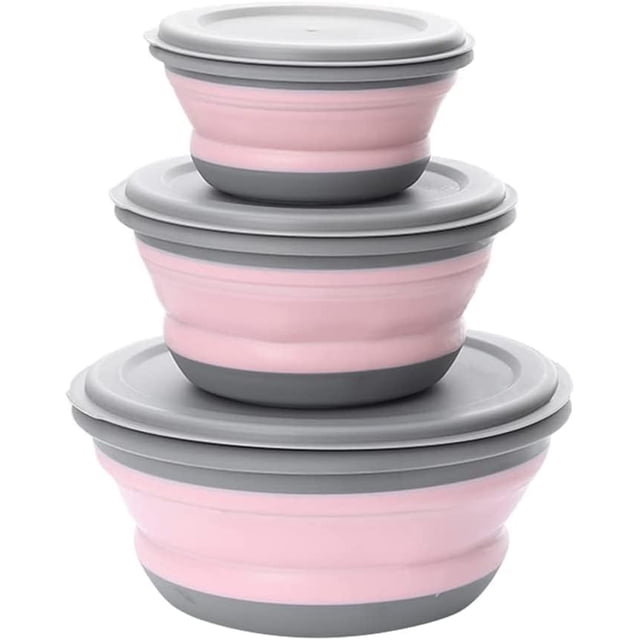 XINQIHANG Camping Bowl, 3 PCS Food Grade Silicone Collapsible Bowls with lids Lunch Boxes, Portable Expandable Food Storage Containers, Camping Bowls Salad Bowls (Pink)