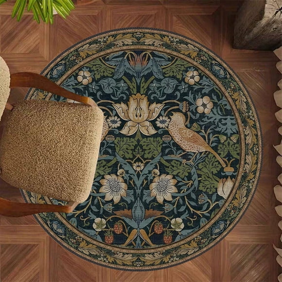Vintage William Morris Strawberry Thief 63" Round Area Rug Blue Retro Boho Circle Carpet for Bedroom, Hotel Living Room,Low-Pile Plush Stain-Resistant Non-Slip Floor Mat,Easy to Clean Classic Design