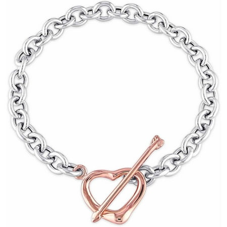 Two-Tone Sterling Silver Heart Charm Bracelet, 8