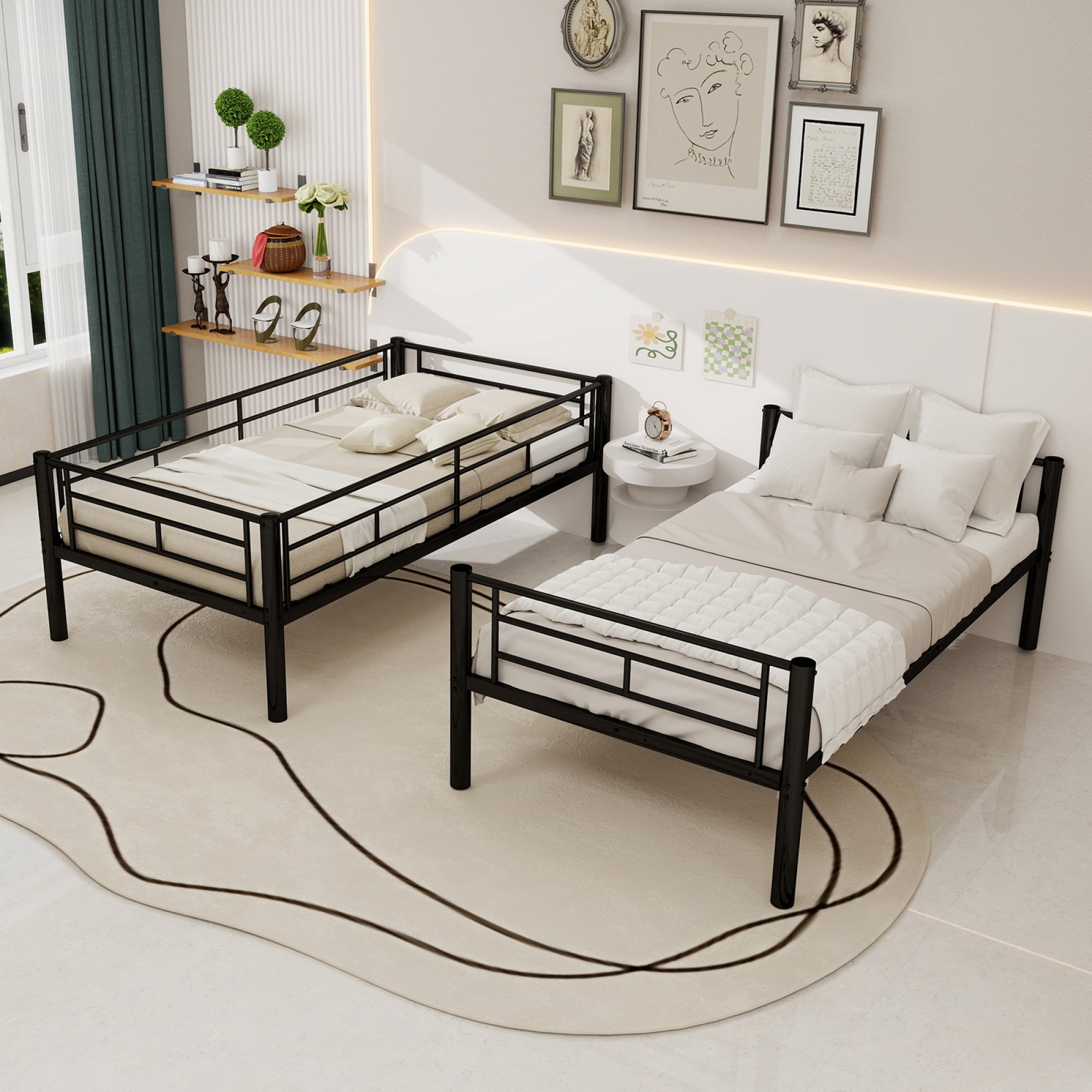 Leumius Twin Over Twin Bunk Bed for Kids Boys Girls, Metal Bunk Bed with Ladders & Guardrail,Convertible 2 Beds,Black