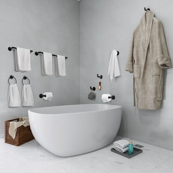 Industrial Bathroom Hardware Set 10 Pieces, Black Metal Towel Bar Set with Towel Ring, Toilet Paper Holder & Hooks for Wall Mount
