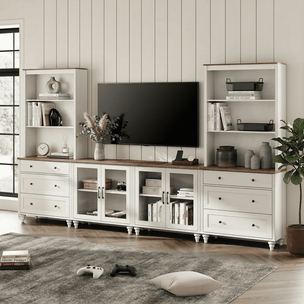 Large TV Stand with Bookshelves for TVs up to 75", Bookcase for Study Room, Living Room, Bedroom, White