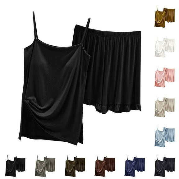 LOVZFMLL Pajama Sets for Women 2 Piece Ruffle Satin Spaghetti Strap Tank Top with Built in Pads and Shorts Lounge Sets Comfy Soft Sleepwear Loungewear
