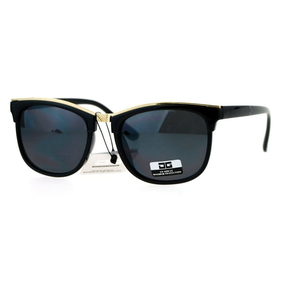 Womens Designer Fashion Boyfriend Horn Rim Metal Flat Top Sunglasses Black Gold Black