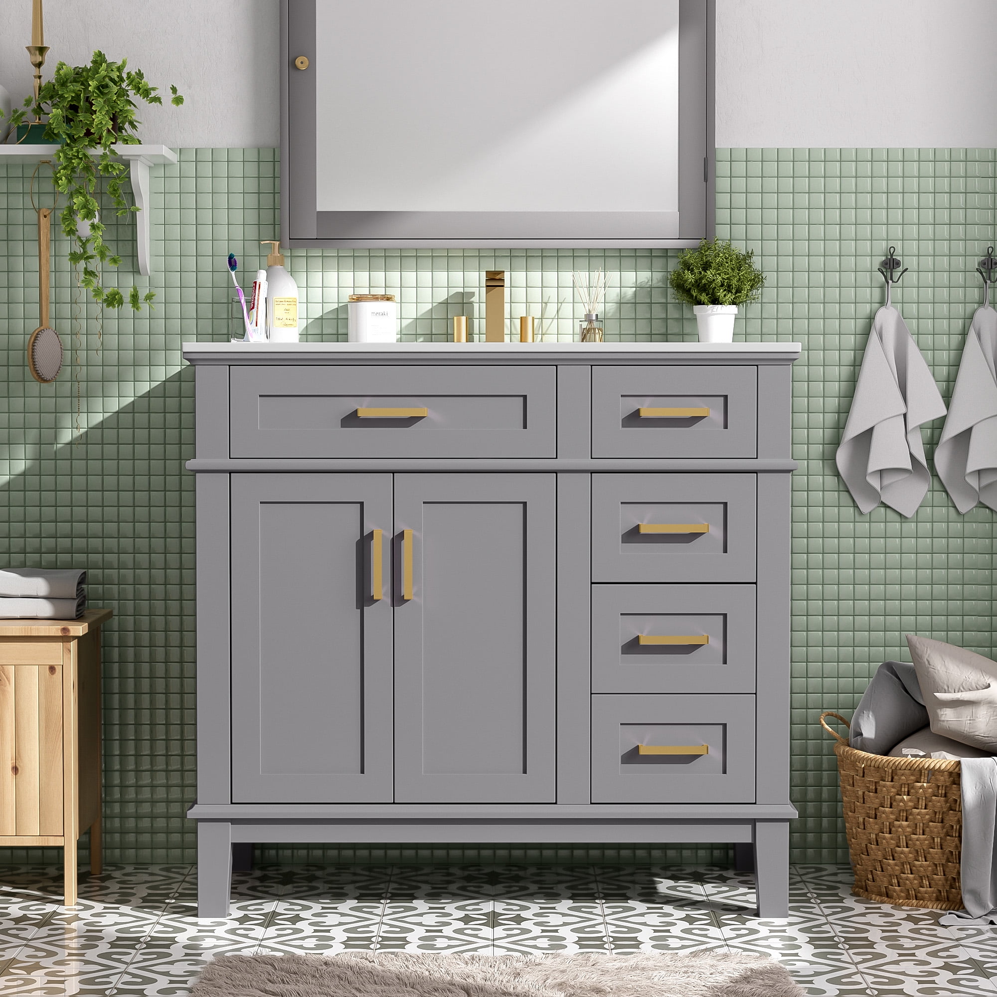 Euroco 36" Bathroom Cabinet with Ceramic Sink, Soft-Close Doors, Golden Handles, Ample Storage, and Overflow Protection