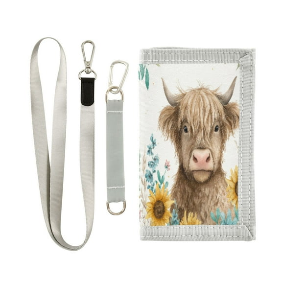 Cloth Wallet with Lanyard & Multiple Compartments Fashion Purse Zipper Clutch Bag for Cash Cards Coins Sunflowers and Highland Cow