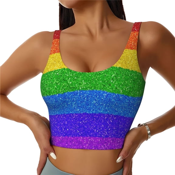 Sports Bras for Women High Support -Colorful Glitter Rainbow Soft Athletic Crop Workout Tank Top for Women