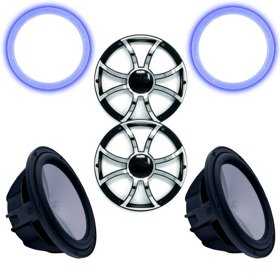 Two Wet Sounds Revo 12" Subwoofers, Grills, & RGB LED Rings - Black Subwoofers & Black Grills With Steel Inserts - 4 Ohm