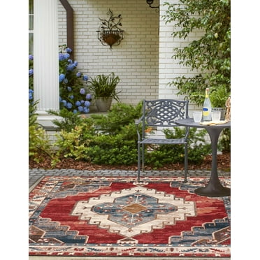 Unique Loom Outdoor Traditional Collection Area Rug - Dynasty (10' Square Red and Navy Blue/Ivory)