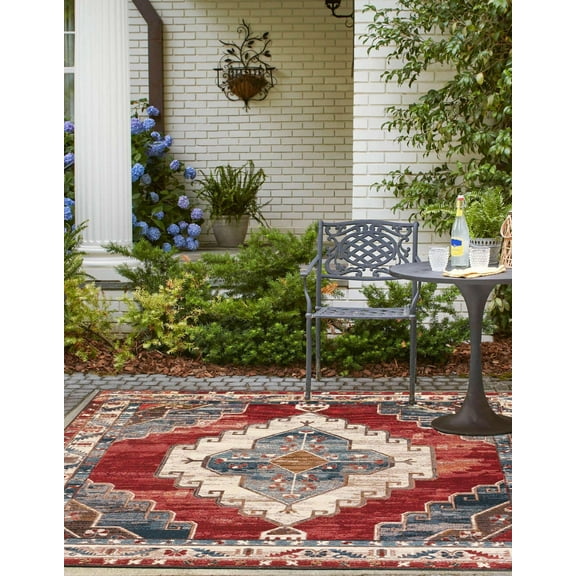Unique Loom Outdoor Traditional Collection Area Rug - Dynasty (7' 10" Square Red and Navy Blue/Ivory)