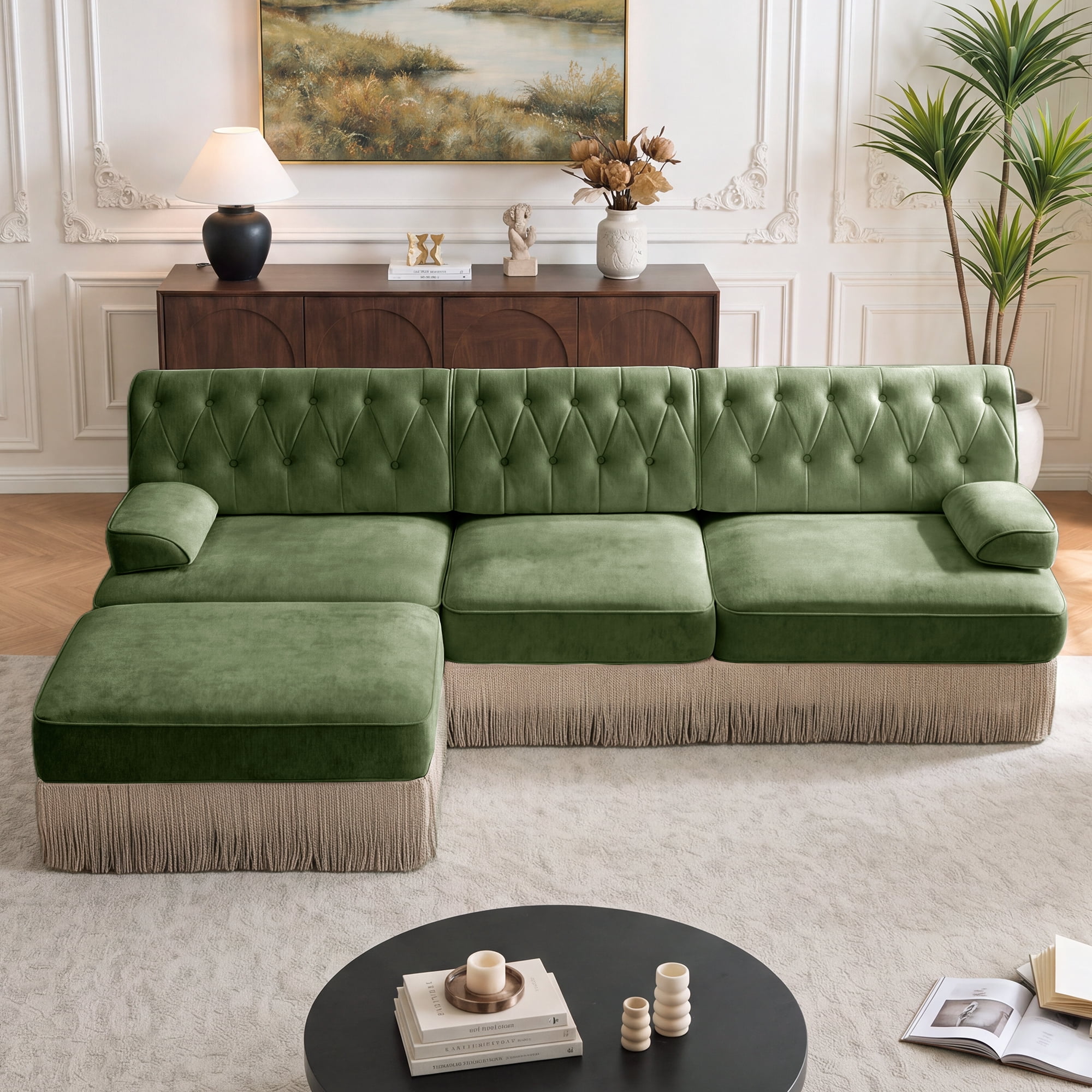 106" Chesterfield 3 Seater L-Shaped Modular Sectional Sofa Set with Ottoman and Tassel Skirt, Easy to Assemble