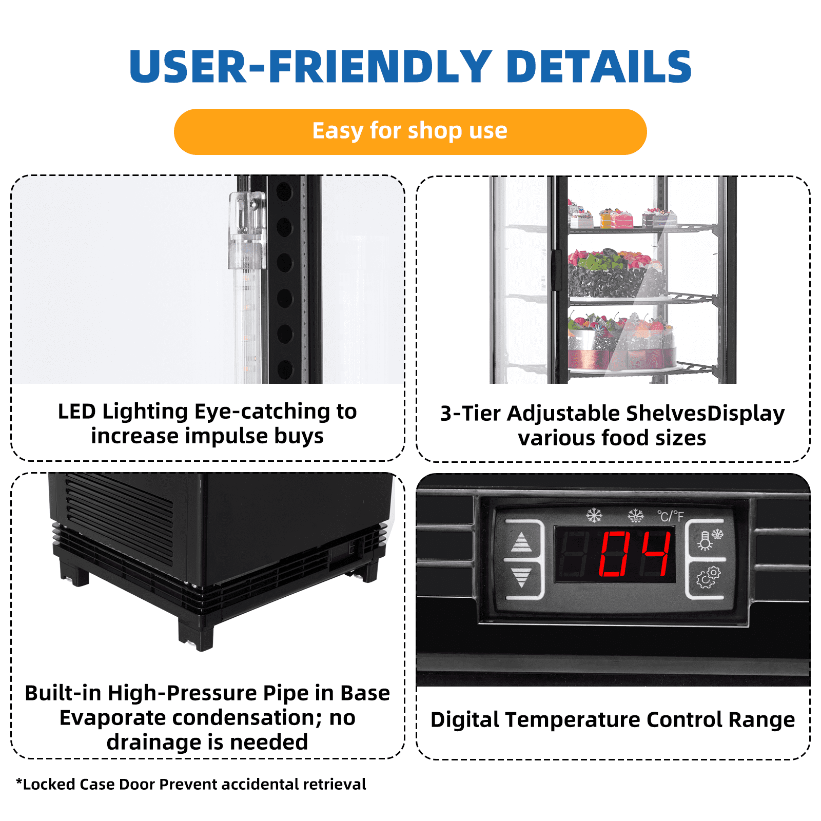 Refrigerated Display Case, 3.5 Cu.Ft, Countertop Pastry Display Case Commercial Display Refrigerator with LED Lighting, Frost-Free Air-Cooling, Locked Door for Bakery