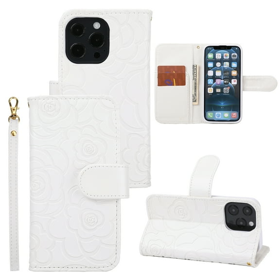 Decase Wallet Cover For Apple iPhone 15 Plus 6.7",Premium Flower Pattern Shockproof Flip Card Slots Holder Case With Hand Strap & Magnetic Clasp,Anti-Scratch Phone Shell,for iPhone 15 Plus - White