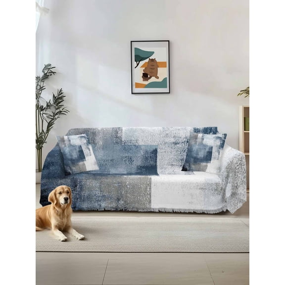 Blue Couch Cover for 2 Cushion Sofa, Retro Oil Painted Modern Abstract Art Washable Loveseat Sofa Covers Slipcover for Sectional Sofas L-Shaped, Couch Throw Cover 71"x118"