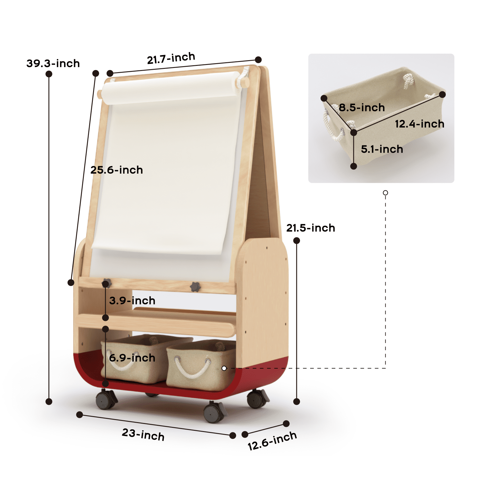 3-in-1 Art Easel for Kids Double-Sided Board Easel with Wheels and Storage Bags Adjustable Height Easel for Toddlers Magnetic Chalkboard & Whiteboard,Red