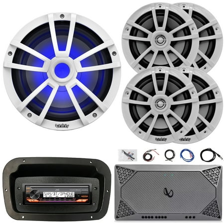 JVC KD-X38MBS Single-DIN Marine Bluetooth USB/AUX LED AM/FM Stereo SiriusXM Ready Receiver W/Spa Bezel + Adapter Plate 4x 6.5 225W Peak Speakers 10 750W Max Subwoofer Amplifier W/Kit Antenna