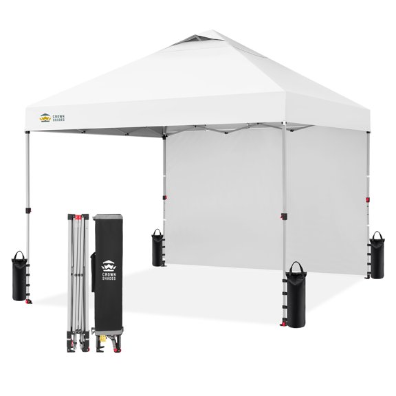 CROWN SHADES 10'x10' Instant Canopy Tent with 1 Sidewall with One Push Setup Sun Shelter for Events Parties White