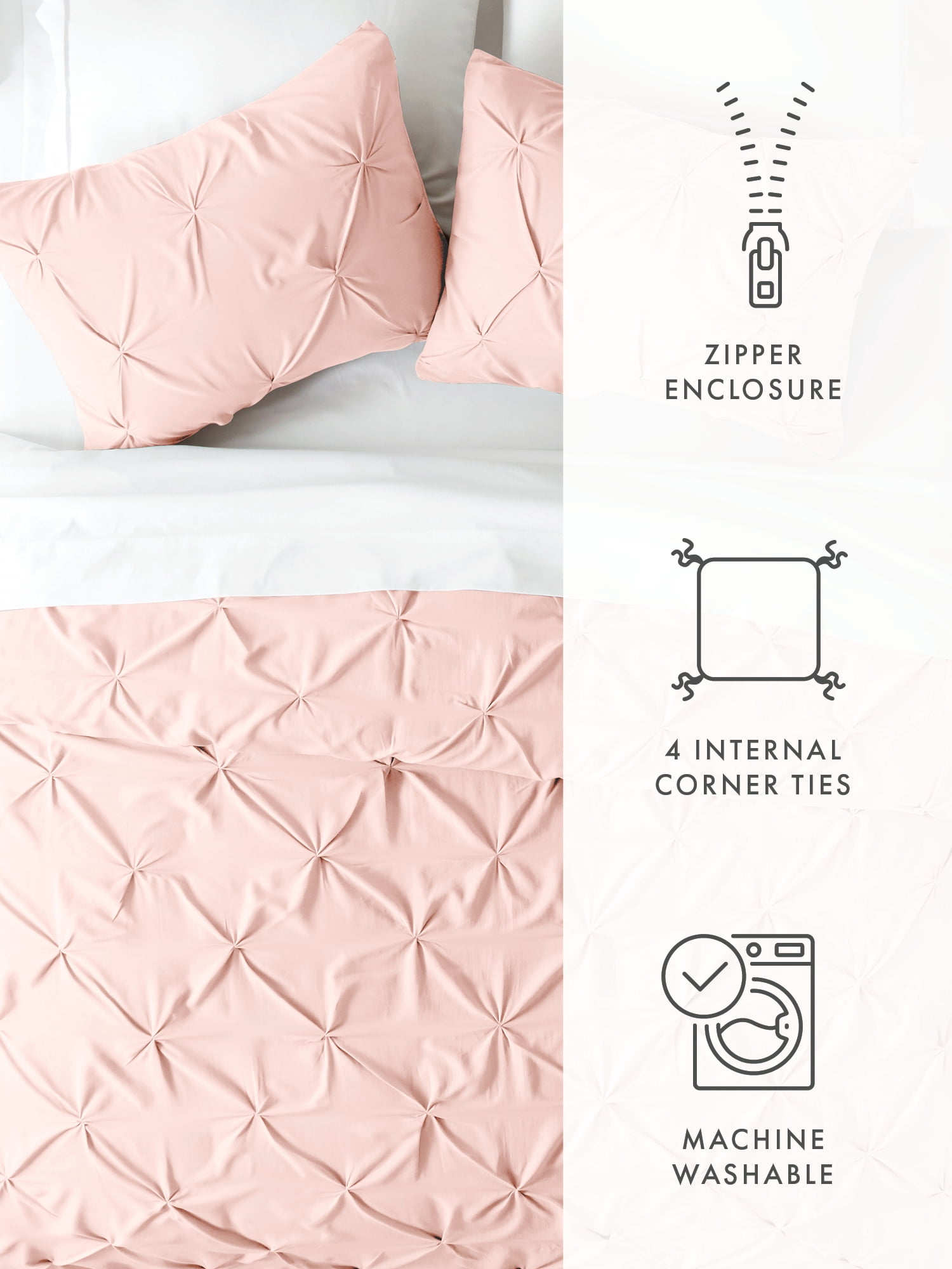 Comfort Canopy - 3 Piece Blush Pinch Pleated Duvet Cover Set with Shams for Queen Size Bedding
