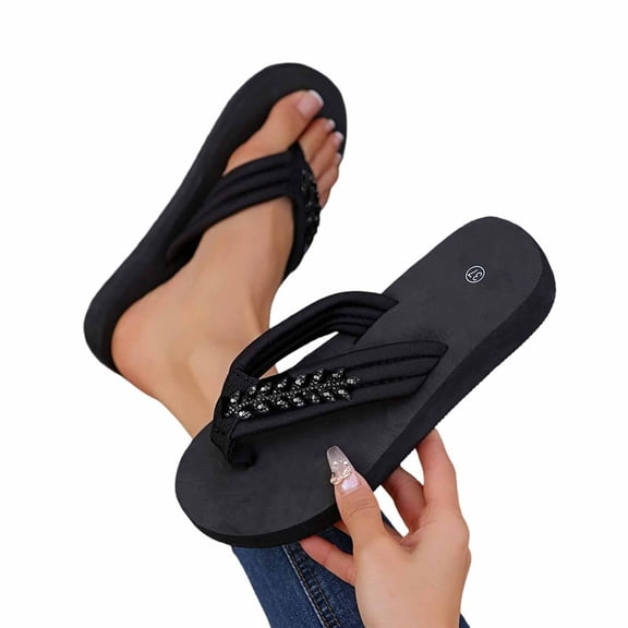 KIJBLAE Women's Rhinestone Sparkly Open Toe Flip Flops, Wide Size Casual Beach Slippers for Summer Outdoor Black 41