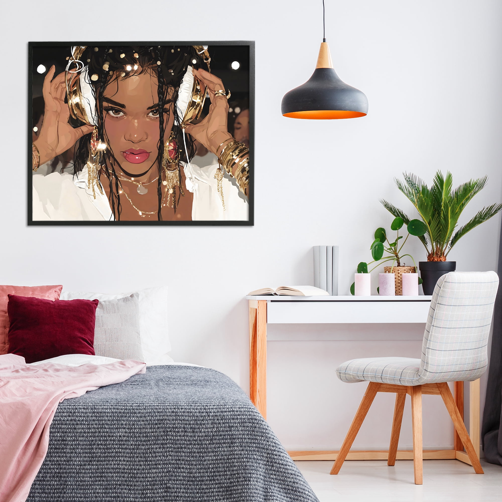 Stupell Industries Gold Headphones Glam Female Black Framed Giclee Art, design by Franklyn Gregory