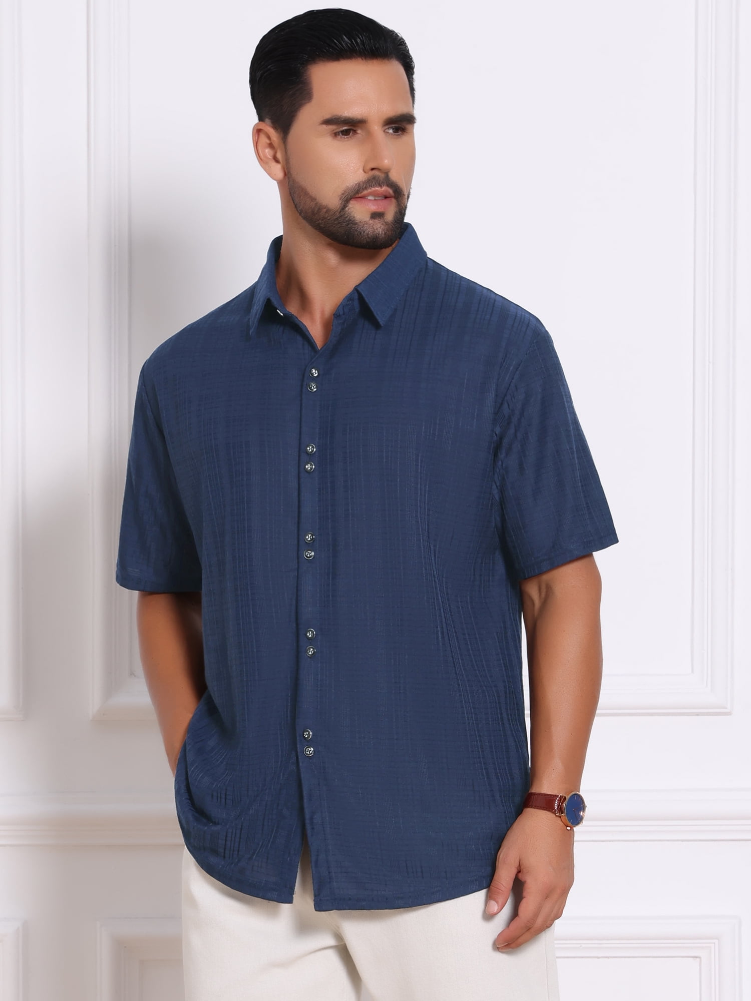 DARING DIVA Men's Texture Short Sleeve Button Down Casual Knitted Shirt XL Dark Blue