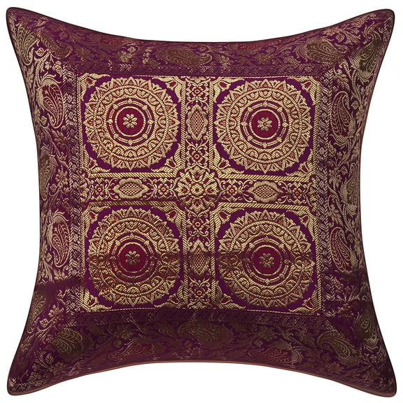 Stylo Culture Indian Decorative Throw Pillow Cover 16 x 16 Jacquard Purple Square 40 x 40 cm Home Decor Brocade Floral Mandala Zippered Cushion Cover | 1 Pc