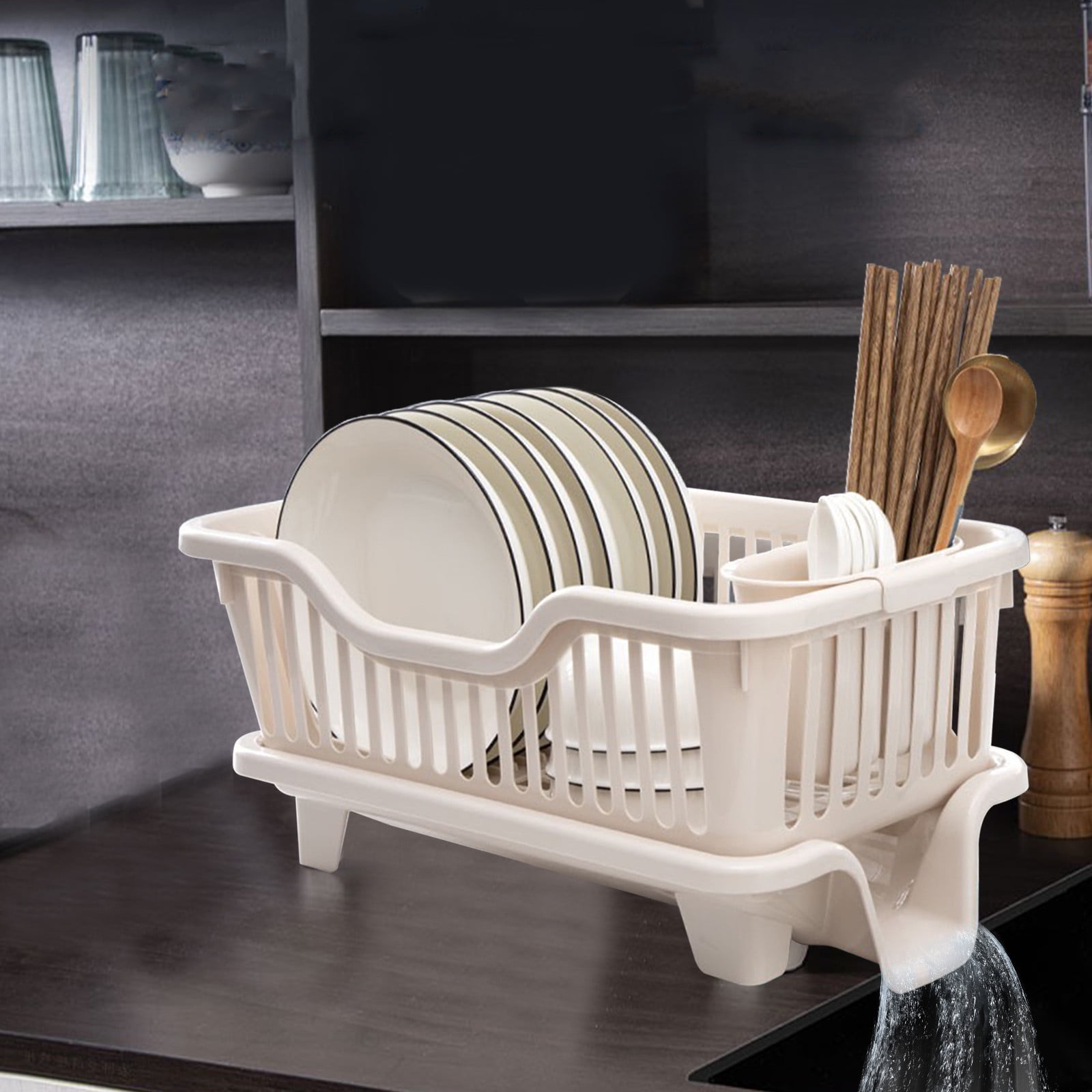 Clearance! Large Dish Drying Rack, Space Saving Dish Rack for Kitchen Counter, Plastic Dish Rack with Cutlery Holder and Dish Drainer Beige