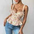 thumbnail image 5 of Women's Ditsy Floral Camisole Vintage Print Shirt Plunge V Neck Tank Tops Fishbone Waist Cami Ruffle Pleated Top Bow Knot Sleeveless Summer Babydoll Shirt, 5 of 8