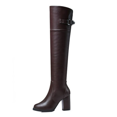 

Women‘s Stacked Heel Thigh High Boots Metal Buckle Chunky Heel Zipper Shoes Round Toe Faux Leather Footwear