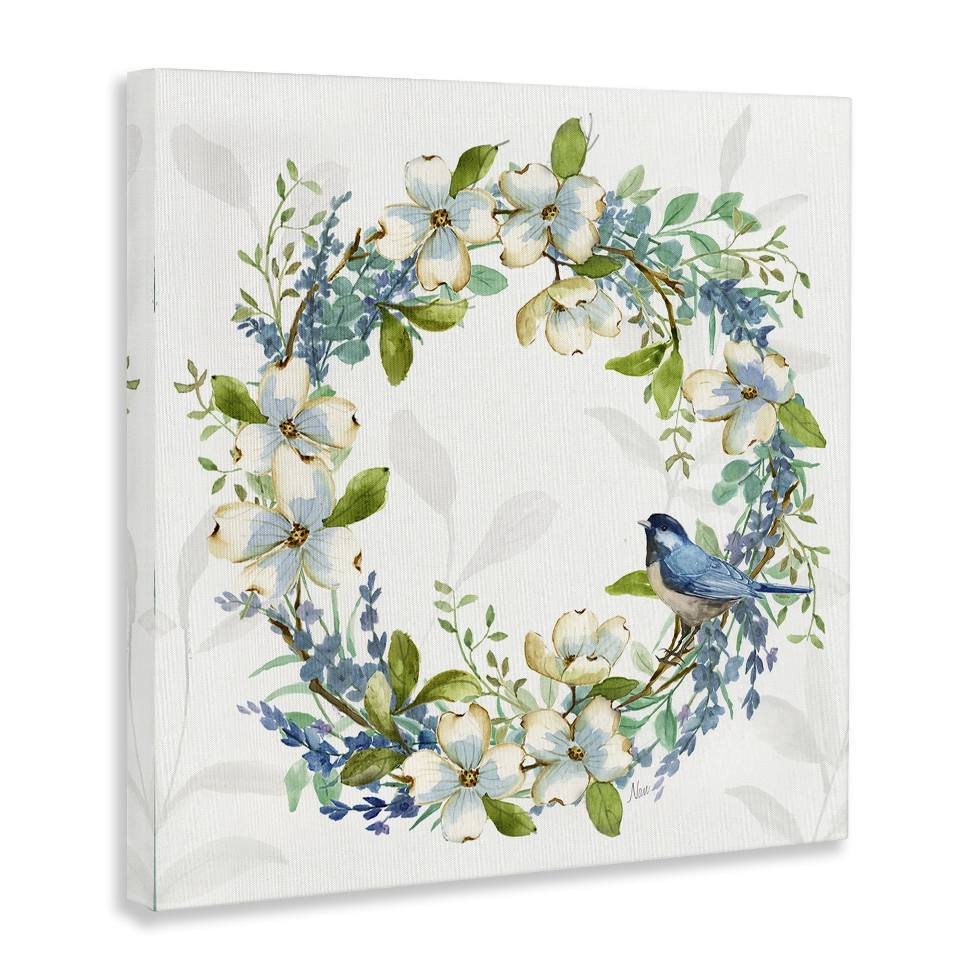 Stupell Industries Dogwood Wreath & Bluebirds Plants & Flowers Painting Wrapped Canvas Art Print Wall Art, 30 x 30