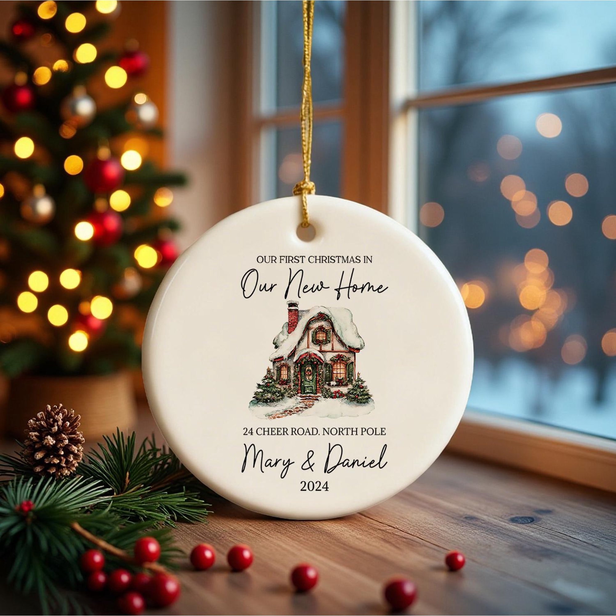 Personalized New Home Ceramic Ornament with Custom Family Name, Address and Established Year, First Christmas Housewarming Keepsake Gift