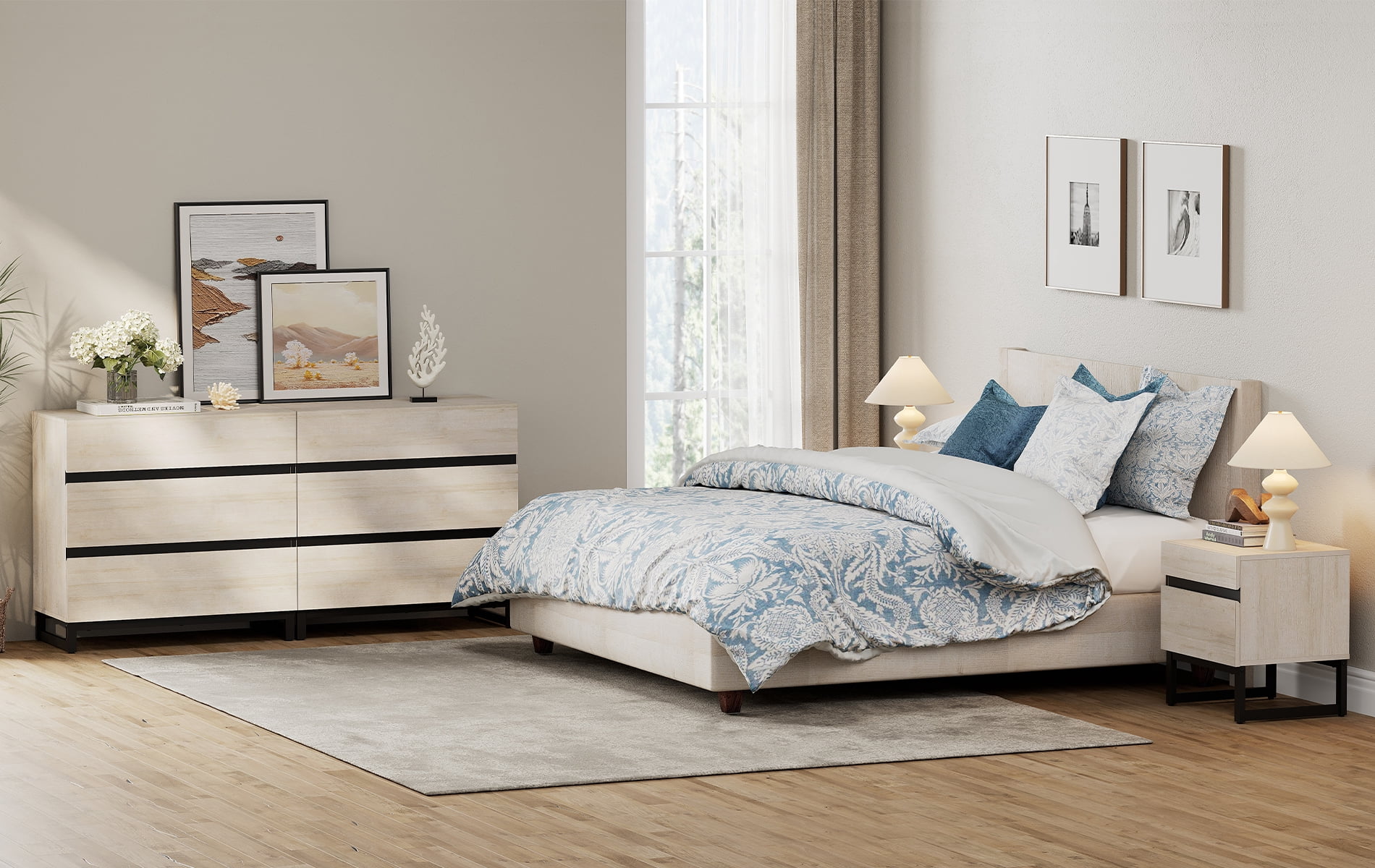 WAMPAT 3-Piece Bedroom Furniture Set, 63" Dresser & Chest with 6 Drawers, 2 Nightstands with 2 Drawers, Wooden Side Tables for Bedroom, Beige