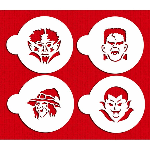 Designer Stencils Halloween Cookie Monster Faces Cookie Stencils, (Frankenstein, Witch, Dracula, Werewolf), Beige/semi-transparent