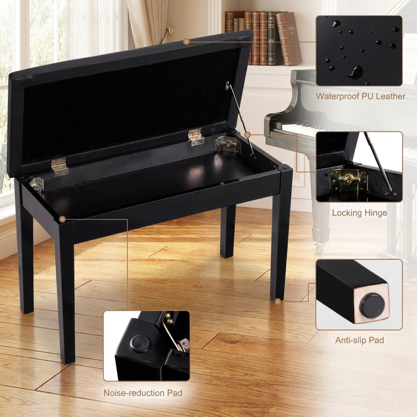 Furnibear Solid Wood Padded Piano Bench with PU Leather Seat and Hidden Storage Compartment for Keyboard Music Room Studio Home Seating, Black