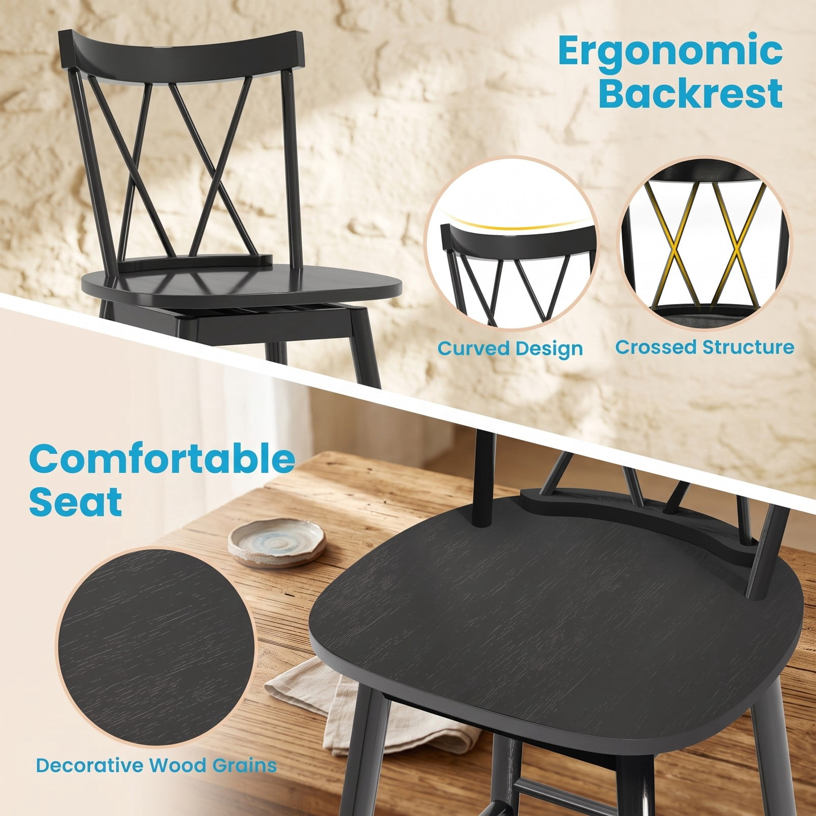 Furnibear Set of 2 Windsor Bar Stools 29 Inch Swivel Counter Height Stools with Ergonomic Backrest and Footrest, Rubber Wood Kitchen Island Dining Chairs, Black