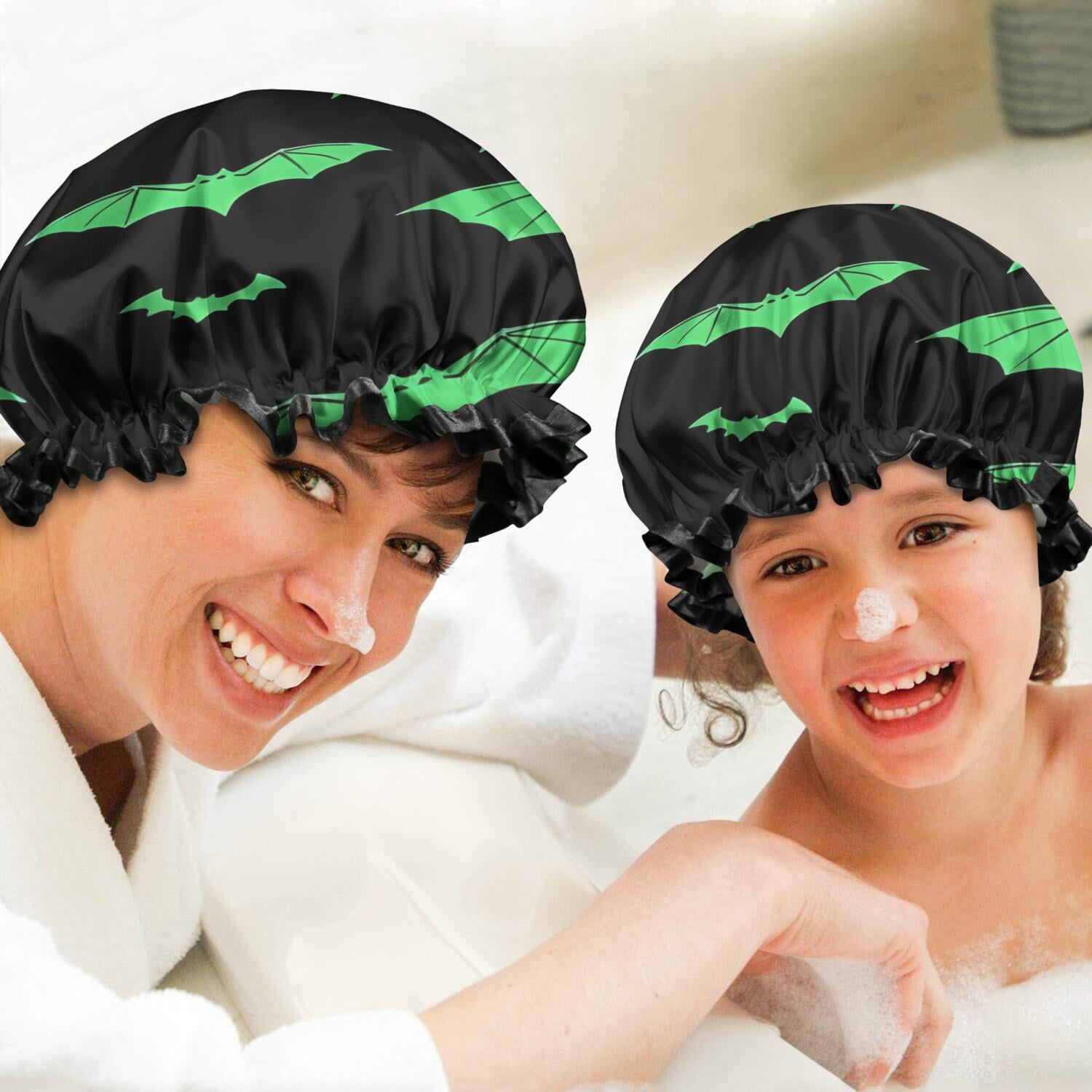 Shower Caps,Black Halloween Bats with Green Waterproof Shower Cap for Women 4 Pieces,Double Reusable Hair Cover for Shower PEVA Elastic Stretch Hem