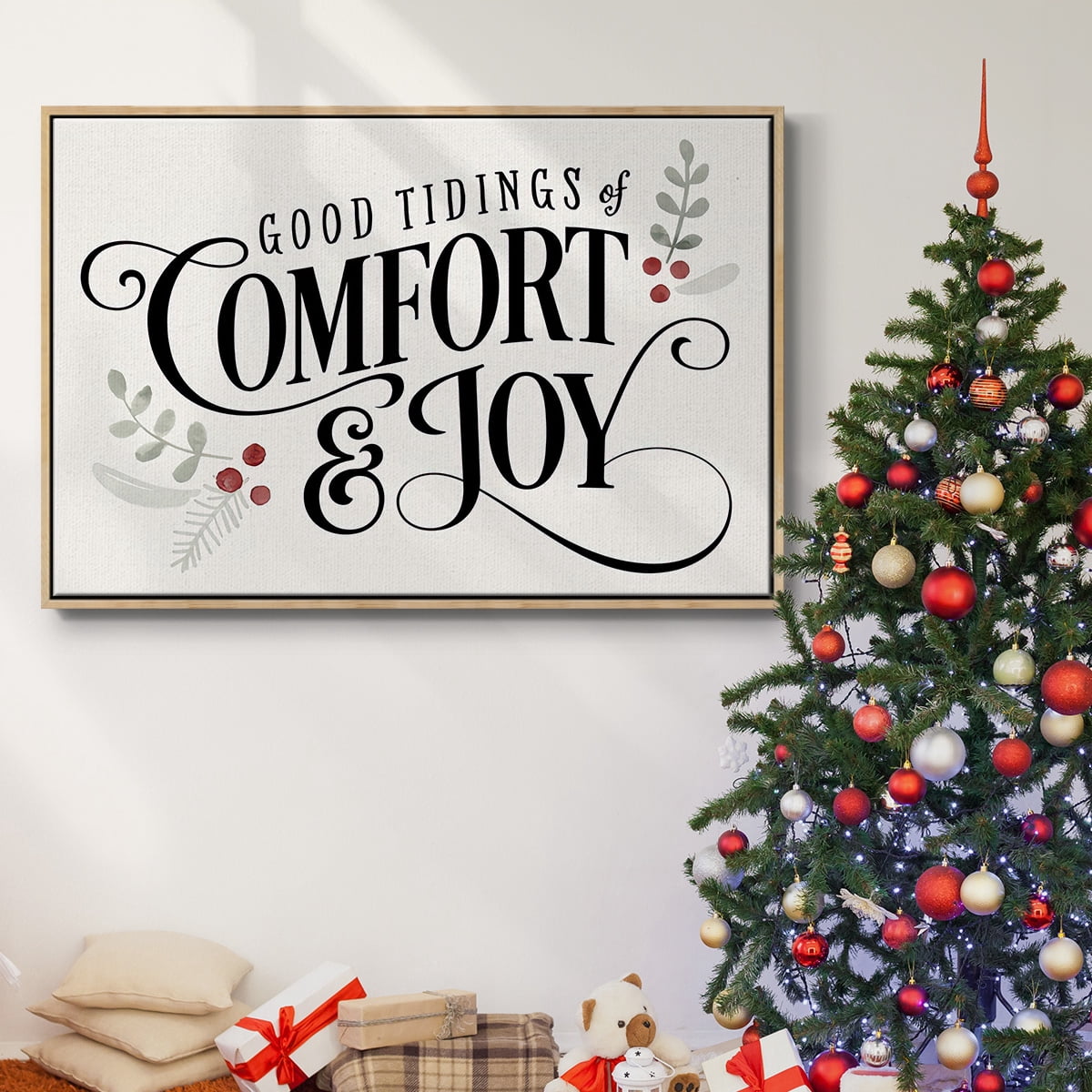 Merry Sentiment I - Framed Gallery Wrapped Holiday Canvas - 17 x 25 - Natural Wood Frame