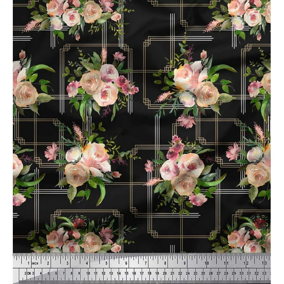 Soimoi Black Cotton Duck Fabric Leaves & Rose Floral Decor Fabric Printed Yard 42 Inch Wide